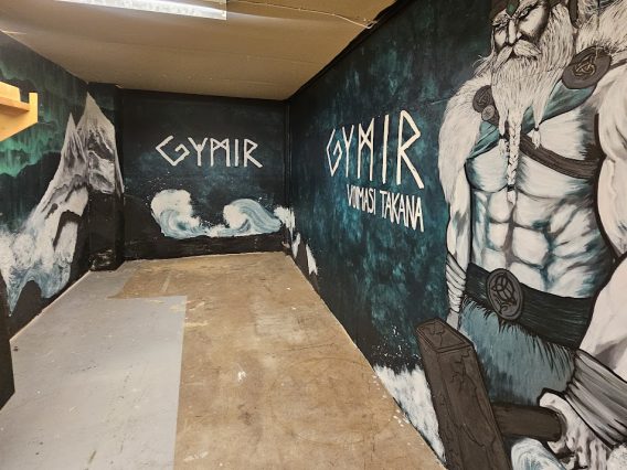 Gymir yritysmuraali | Seinätaiteilija Jemina Yritysmuraali Gymirin kuvaustilassa Lahdessa – Seinätaiteilija Jemina.